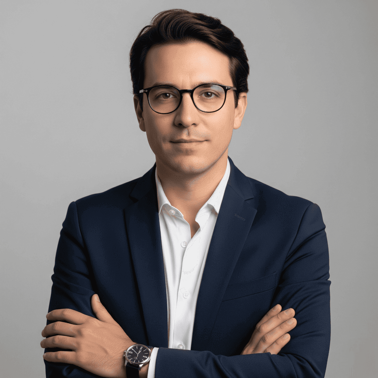 Retrato profesional de hombre con lentes y brazos cruzados, actitud segura, para LinkedIn y CV