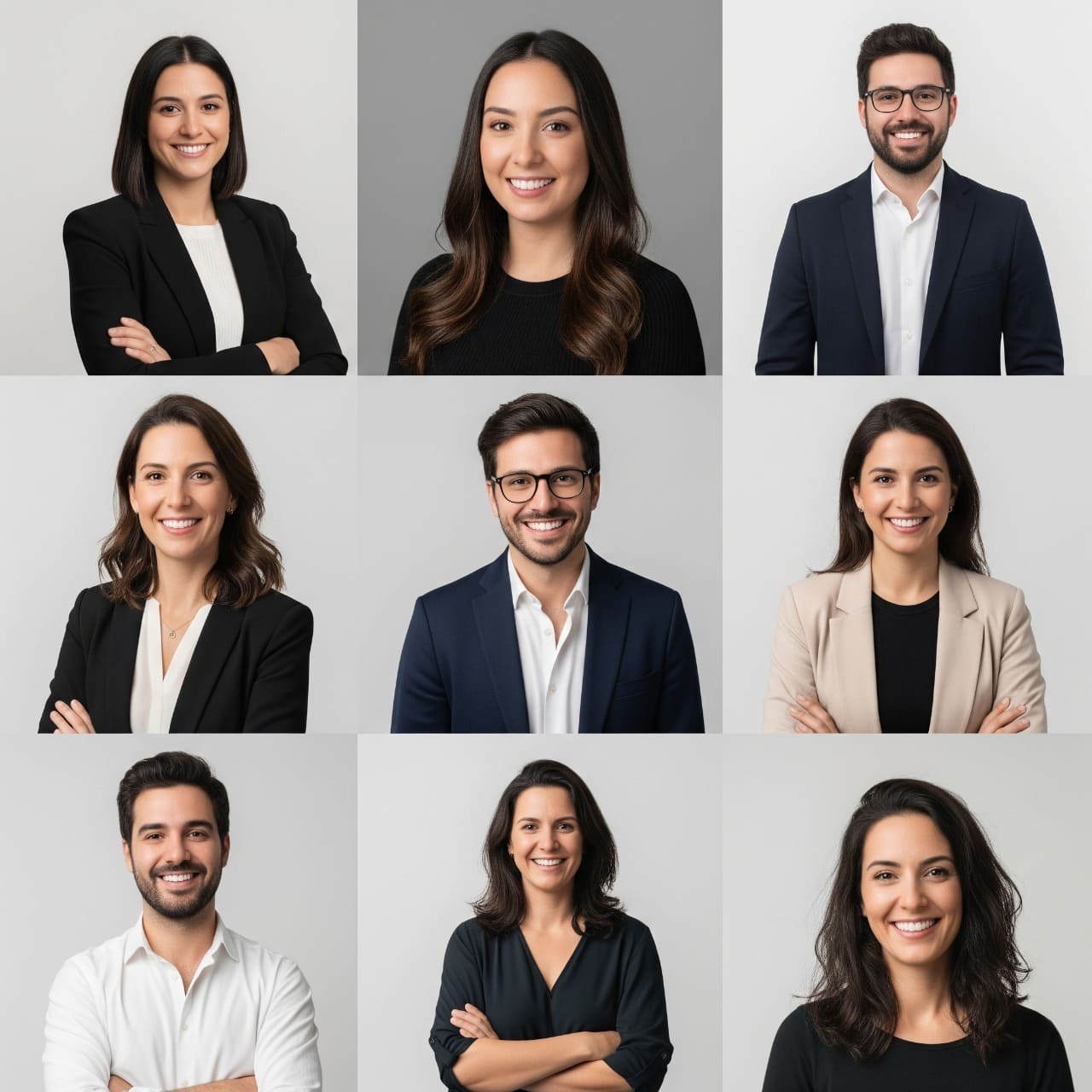 Mosaico de diversos retratos profesionales frontales de emprendedores y autónomos sonriendo, ideales para perfiles online en Montevideo