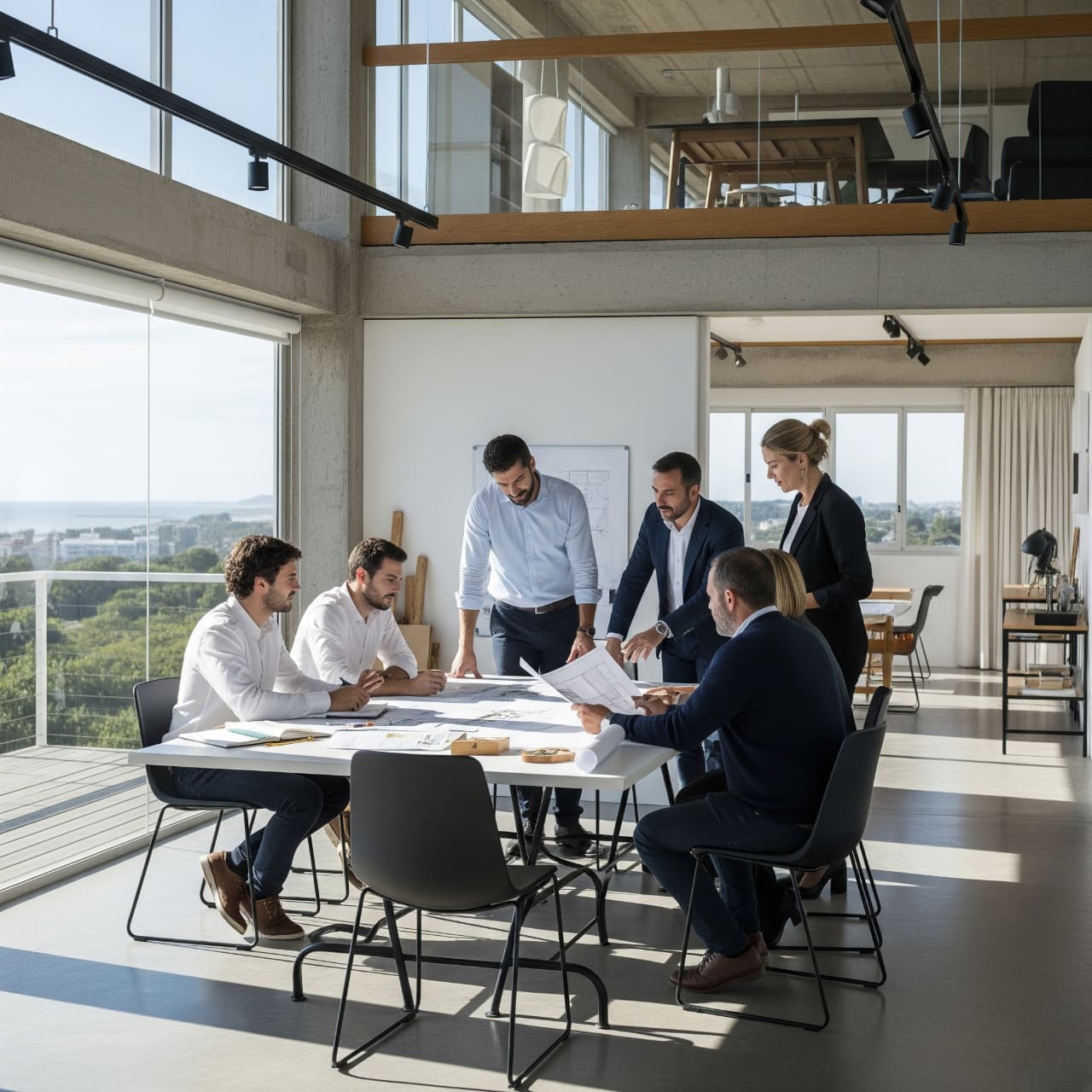 Un equipo de arquitectos revisando planos en un estudio moderno con grandes ventanales y vista al mar en Montevideo, Uruguay.