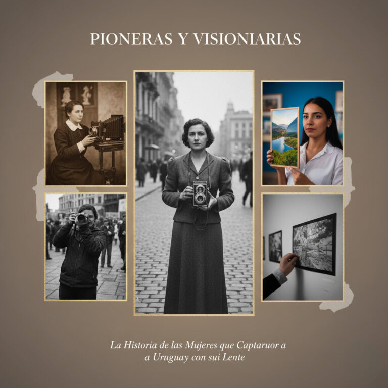 Un collage artístico titulado "Pioneras y Visionarias" que muestra la evolución de las mujeres fotógrafas en Uruguay, incluyendo escenas de época, fotógrafas contemporáneas, y exhibiciones de arte.