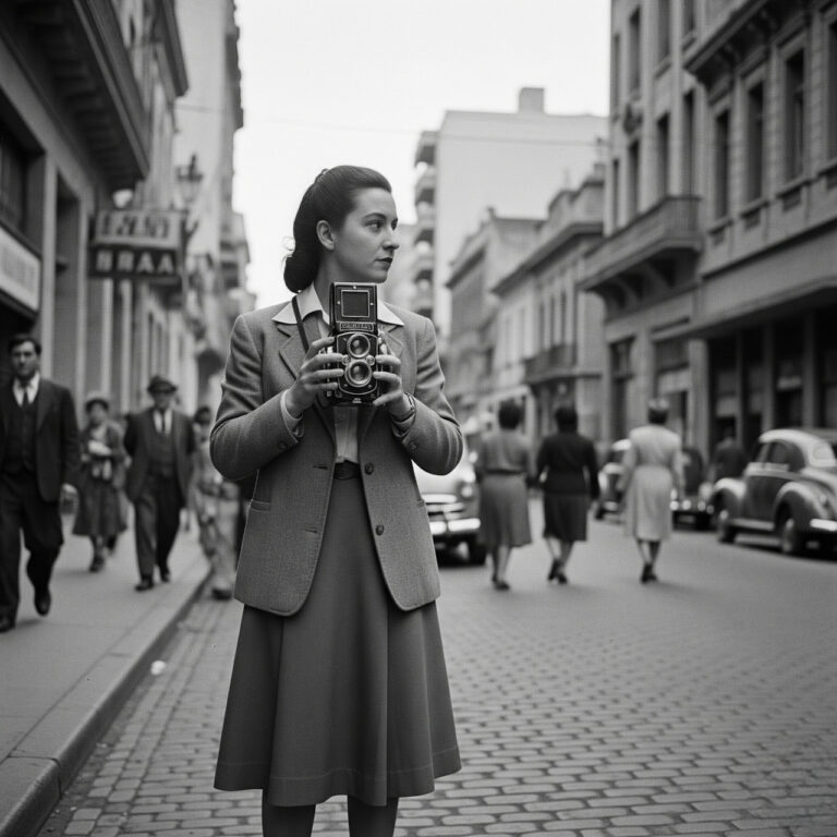 Una mujer vestida de época en una calle adoquinada de Montevideo, sosteniendo una cámara TLR antigua, con edificios clásicos y transeúntes de fondo. La imagen es en blanco y negro, evocando la fotografía histórica.