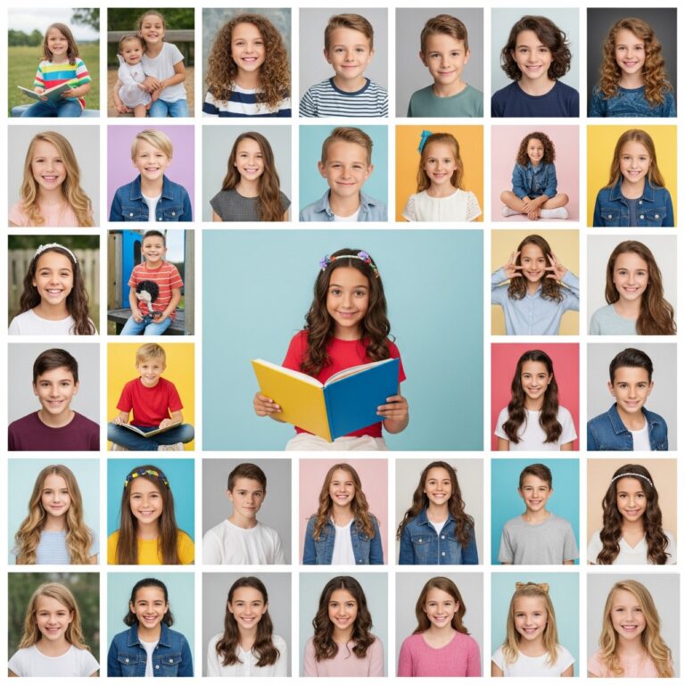 Un collage de fotos que muestra a una amplia variedad de niños y adolescentes con diferentes expresiones y atuendos. Incluye retratos, fotos de cuerpo completo y tomas en diferentes fondos de colores para un book profesional.