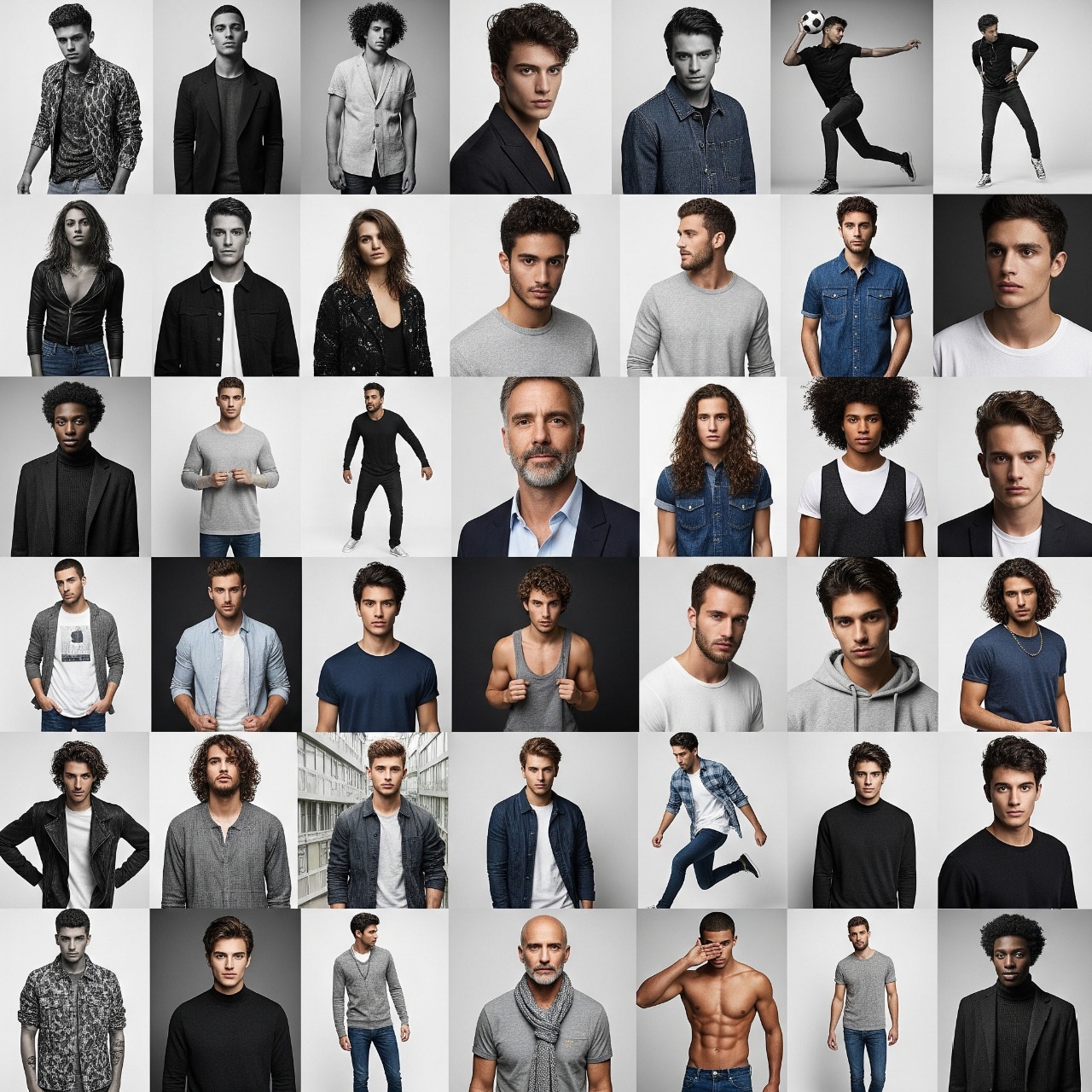 Un collage de fotos de estilo editorial de un modelo masculino en diferentes poses, con retratos de medio cuerpo, cuerpo completo y tomas de primer plano.