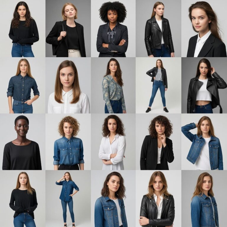 Un collage de fotos de estilo editorial de una modelo femenina en diferentes poses, con retratos de medio cuerpo, cuerpo completo y tomas de primer plano.