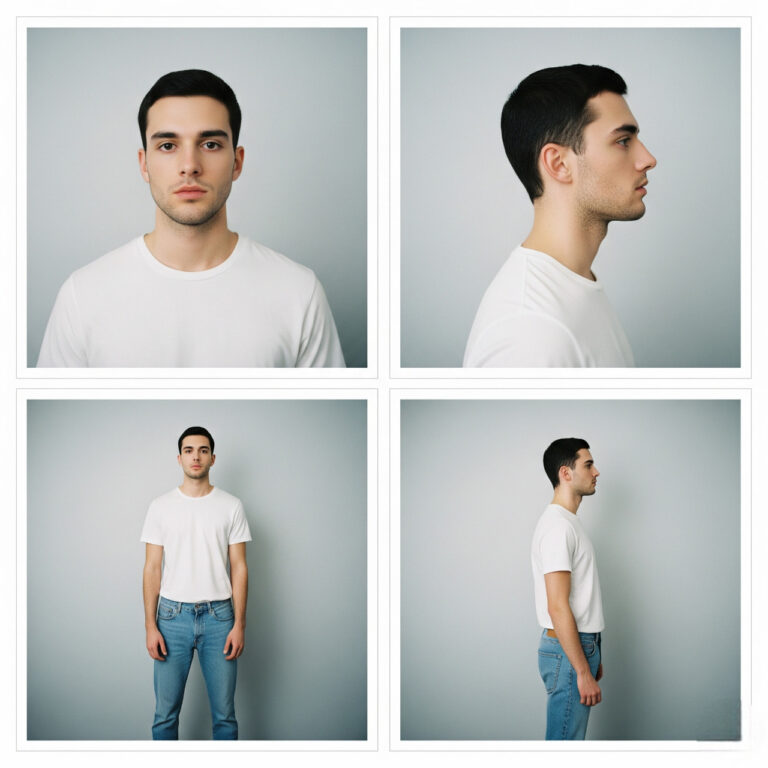 Cuadrícula de cuatro tomas de una persona (hombre) para Polaroid/Pola: primer plano frontal, primer plano de perfil, toma de cuerpo completo frontal, y toma de cuerpo completo de perfil.