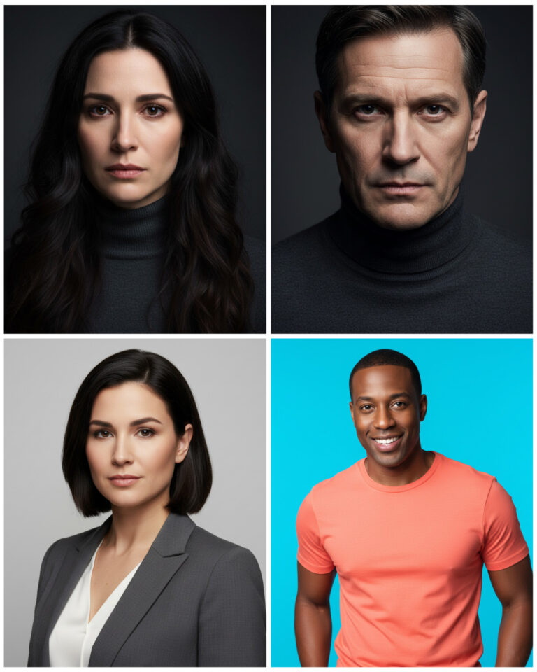 Collage de cuatro retratos: arriba a la izquierda, una mujer de cabello largo y oscuro con cuello alto gris oscuro; arriba a la derecha, un hombre con cuello alto gris oscuro y mirada intensa; abajo a la izquierda, una mujer de cabello corto y oscuro con un blazer gris sobre una blusa blanca; abajo a la derecha, un hombre afroamericano sonriente con camiseta coral y fondo azul brillante.