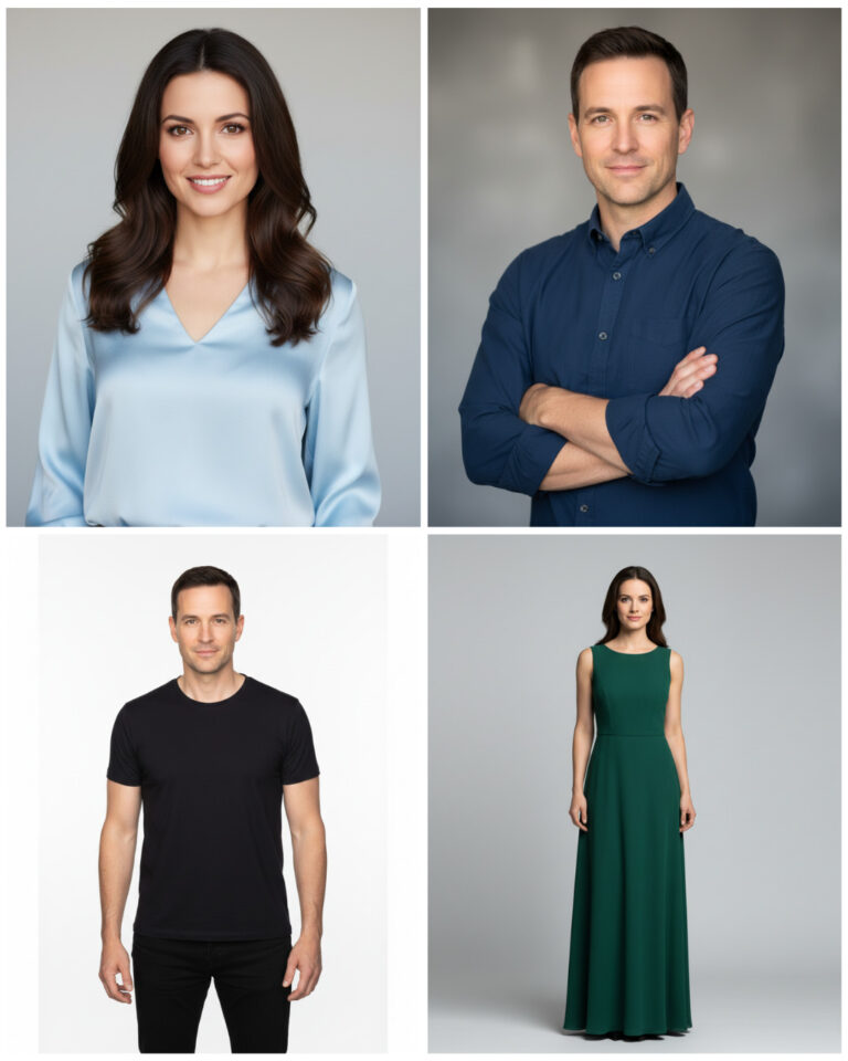 Collage de cuatro fotografías de estudio: arriba a la izquierda, una mujer de cabello oscuro con blusa azul claro sonriendo; arriba a la derecha, un hombre de cabello corto con camisa azul oscuro con los brazos cruzados; abajo a la izquierda, un hombre de pie en camiseta negra y pantalones oscuros; abajo a la derecha, una mujer de pie con un vestido largo verde esmeralda.