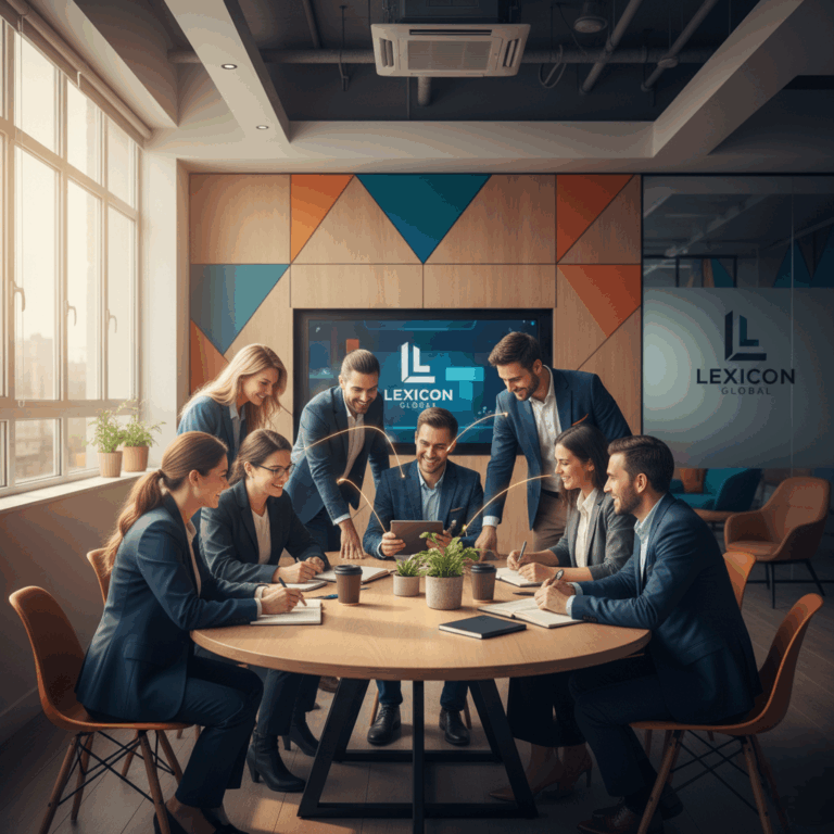 Equipo diverso de profesionales sonriendo y colaborando en un espacio moderno, en una fotografía auténtica, representando la conexión emocional y la confianza.