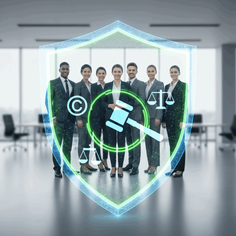 Escudo digital brillante con símbolos legales (copyright, balanza) protegiendo una fotografía corporativa de un equipo diverso, simbolizando el Blindaje Legal.