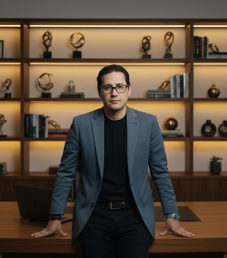 Christian Martinez Pais Director Ejecutivo Liderazgo Crecimiento, Blindaje Autoridad, Risk Mitigation Sistémico, CEO C-Level, de pie, fondo oficina corporativa de lujo, estanterías iluminadas, mesa de madera, traje azul.