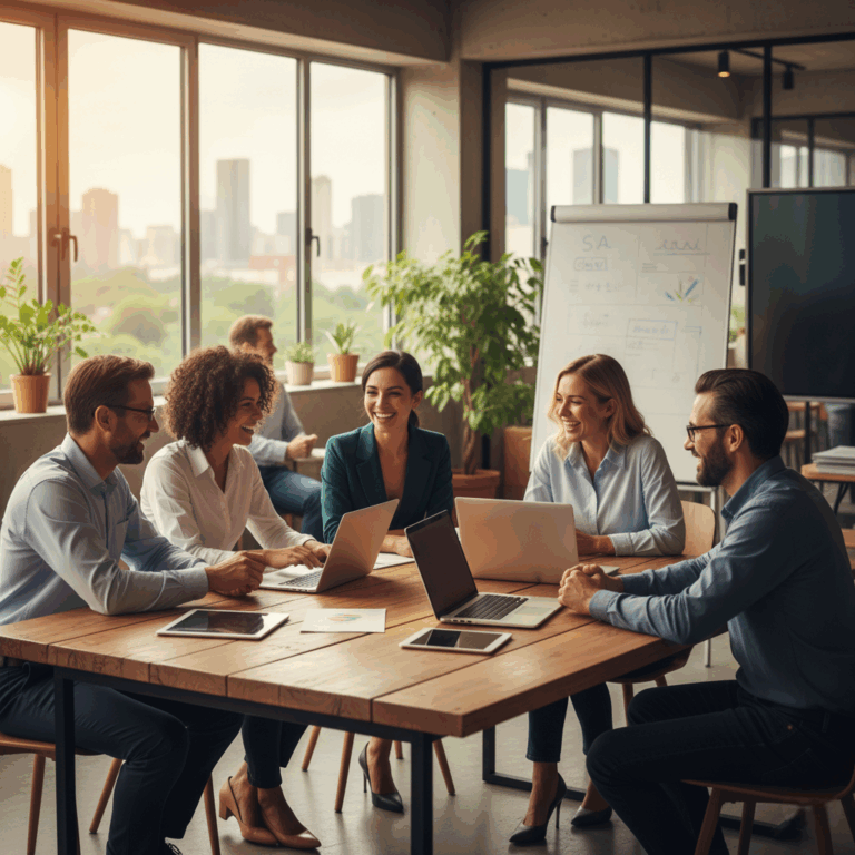 Equipo diverso de profesionales colaborando activamente con laptops en una moderna oficina luminosa. Transmite cultura de trabajo auténtica y energía.