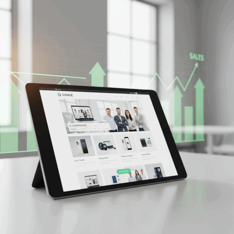 Interfaz de e-commerce en tablet con fotos de productos y equipo profesional, mostrando gráficos de ventas ascendentes y un botón 'Añadir al carrito' destacado.