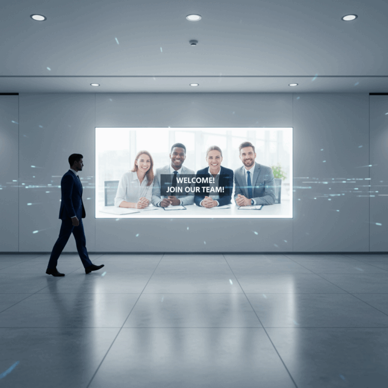 Profesional en traje caminando por un lobby corporativo, ignorando una gran pantalla con imagen de stock genérica.