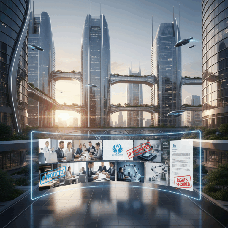 Panorámica corporativa futurista con pantalla digital que muestra documentos legales y fotos con sellos de "IP PROTECTED", simbolizando la estabilidad a largo plazo.