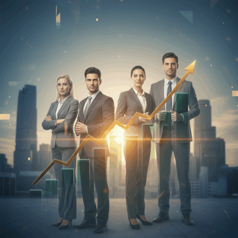 Grupo diverso de cuatro ejecutivos (dos hombres y dos mujeres) en trajes de negocios, de pie frente a un paisaje urbano moderno. Una flecha dorada de crecimiento y barras de gráfico de rentabilidad se superponen y emergen de ellos. Simboliza la inversión en capital humano como motor de la rentabilidad y el liderazgo empresarial.