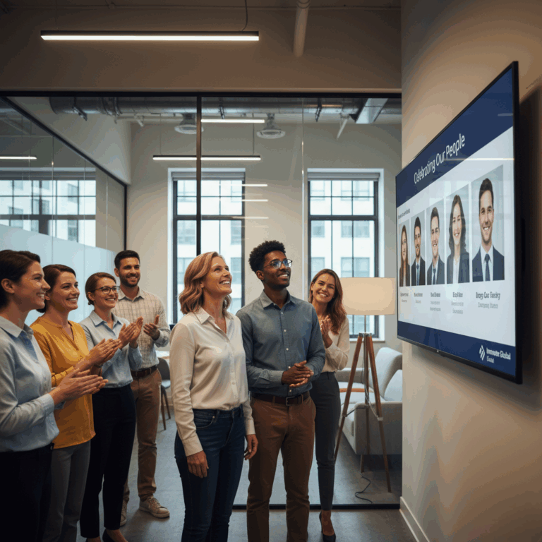 Grupo diverso de empleados aplaudiendo y sonriendo mientras ven sus retratos profesionales de alta calidad en una pantalla corporativa. Refleja orgullo, valoración y sentido de pertenencia.
