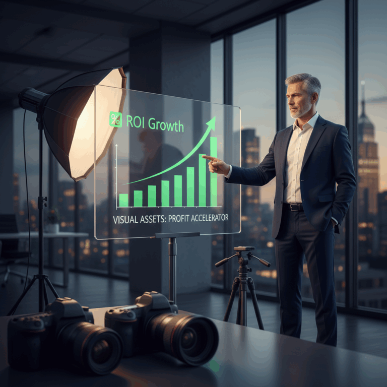 Ejecutivo en oficina moderna señalando un gráfico de 'ROI Growth' con estudio fotográfico en primer plano, representando la rentabilidad del activo visual corporativo
