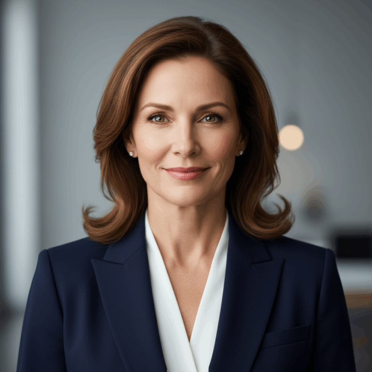 Retrato de primer plano de una ejecutiva sonriente, proyectando confianza, serenidad y liderazgo. Fondo corporativo desenfocado.