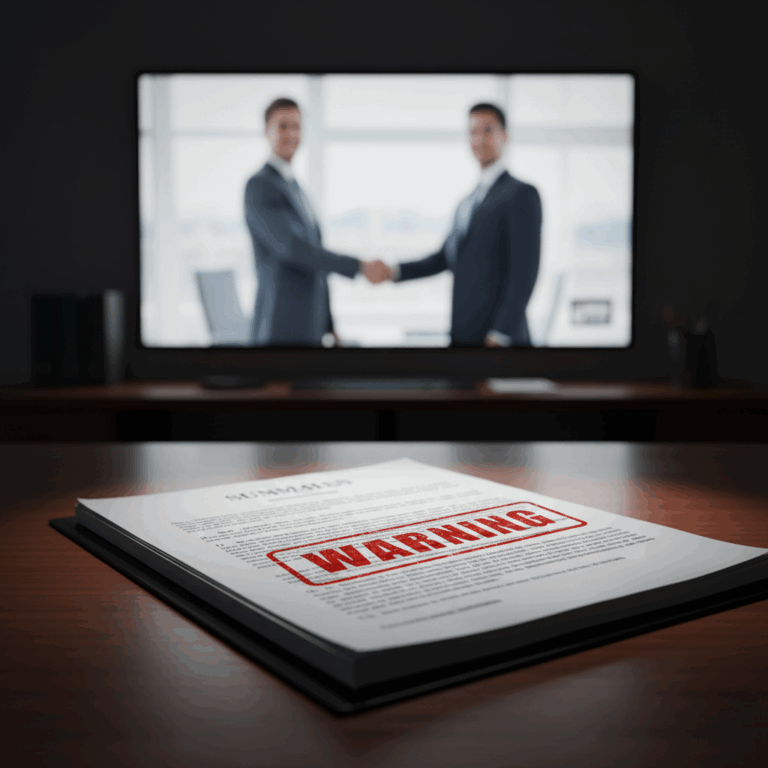 Documento legal o citación judicial sobre escritorio, con una foto de stock borrosa en el fondo, representando el riesgo de demanda por Propiedad Intelectual.