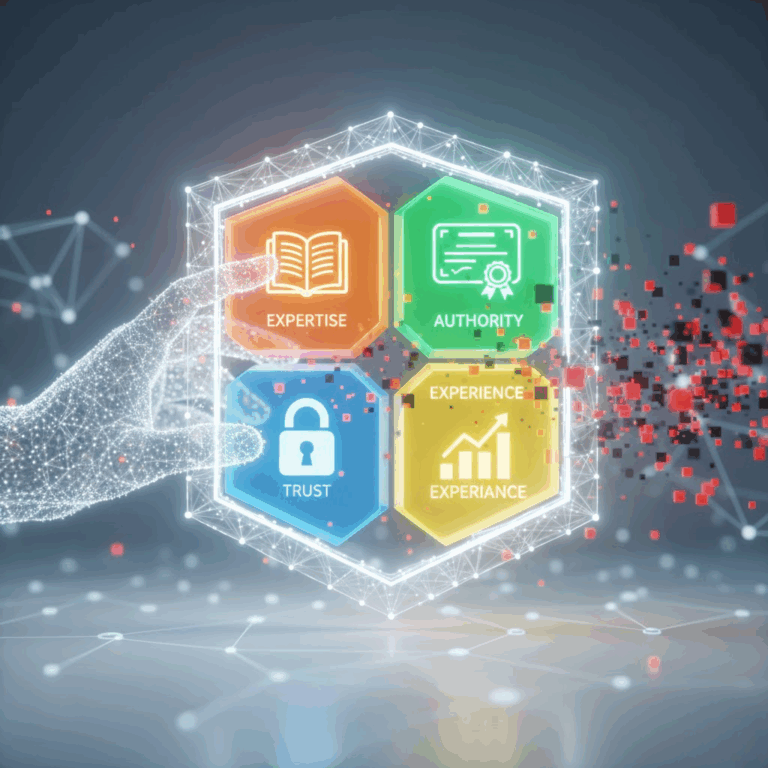Mano digital construyendo Escudo de Autoridad EEAT con Expertise y Trust.