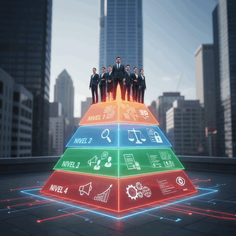 Pirámide de varios niveles superpuestos con líderes empresariales en la cima, donde cada nivel tiene un color y un icono (Técnico, Legal, Narrativo), representando la estructura estratificada del Blindaje Estratégico para el riesgo algorítmico.