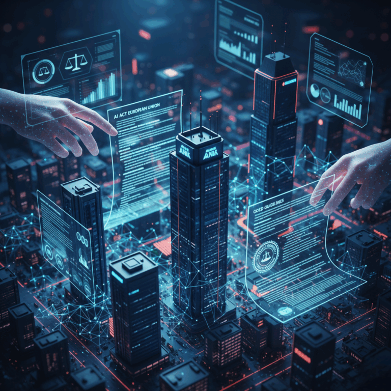 Ciudad digital con edificios futuristas y manos holográficas manipulando documentos regulatorios gigantes como "AI Act European Union" y "OECD Guidelines", simbolizando la necesidad de compliance en la Capa Legal del Blindaje Estratégico.
