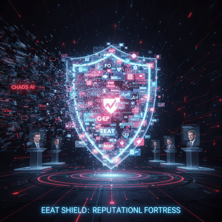 Gran escudo de energía holográfica con el acrónimo "EEAT" y textos como "Reputational Fortress" que protege un espacio digital de un caos de datos y desinformación generada por IA, simbolizando el blindaje reputacional.