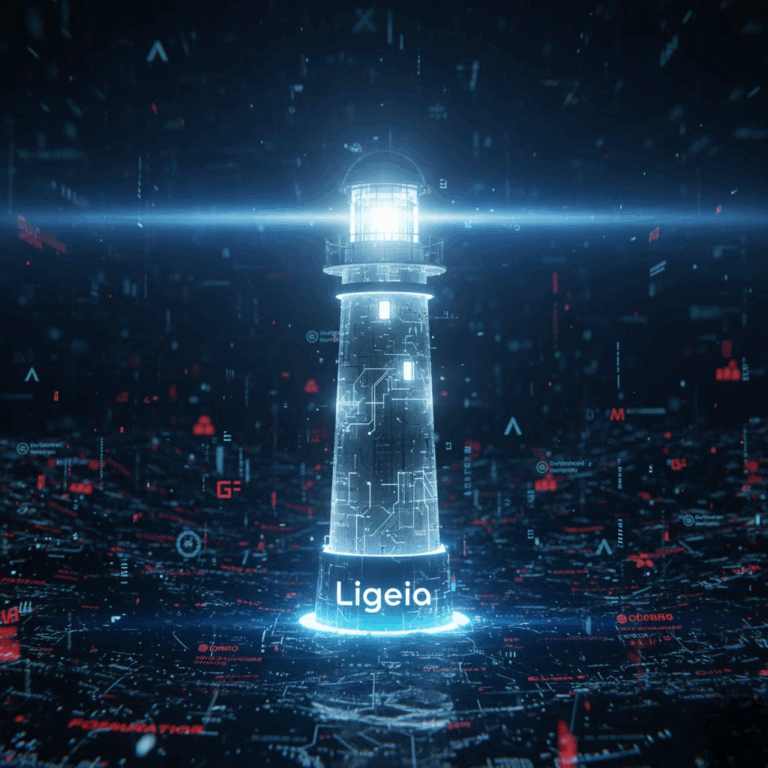 Faro Ligeia emitiendo luz sobre mar de datos caóticos y desinformación.