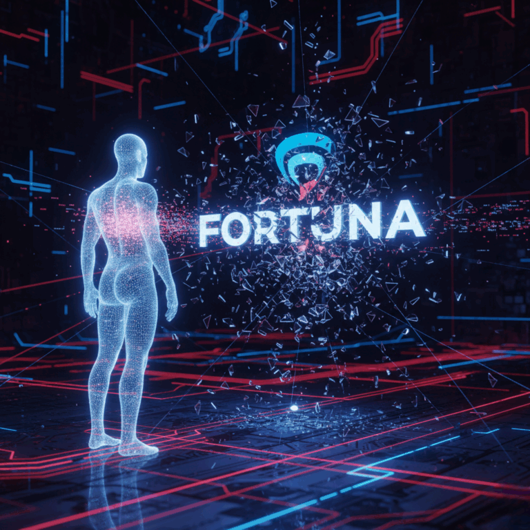 Figura humana digital frente a un logotipo corporativo llamado "FORTUNA" que se desintegra en pequeños fragmentos de datos, simbolizando la vulnerabilidad de la reputación ante los ataques de desinformación de la Inteligencia Artificial Generativa (IAG).