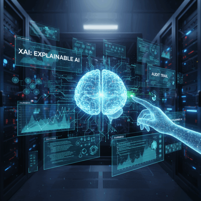 Gráfico de una mente digital (cerebro holográfico) conectada a paneles de datos con textos como XAI, Audit Trail y Fairness, representando la necesidad de transparencia y auditabilidad en los sistemas de Inteligencia Artificial.