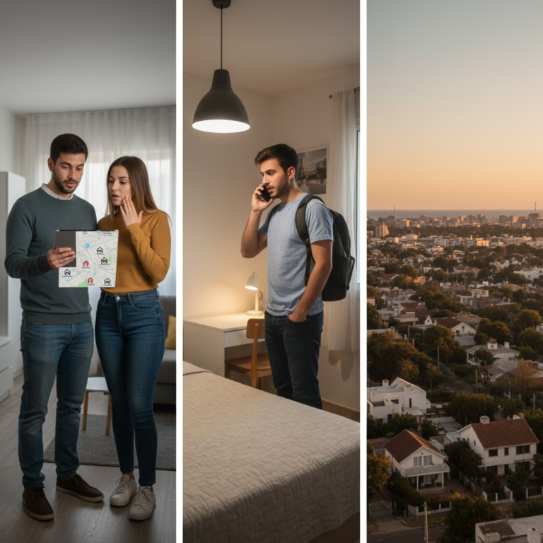 Tríptico narrativo sobre vivienda en Uruguay: pareja buscando alquiler en tablet, joven en una residencia económica y vista aérea de casas en el área metropolitana de Montevideo.