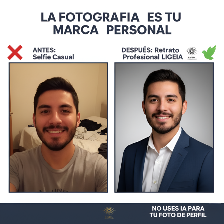 Comparación de fotografía para LinkedIn: a la izquierda una selfie casual de baja calidad y a la derecha un retrato corporativo profesional estilo Clean Look de Ligeia Producciones.
