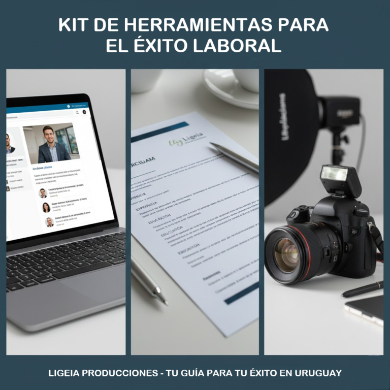 Composición de herramientas para buscar empleo en Uruguay: laptop con perfil de LinkedIn, currículum vitae y cámara fotográfica profesional.