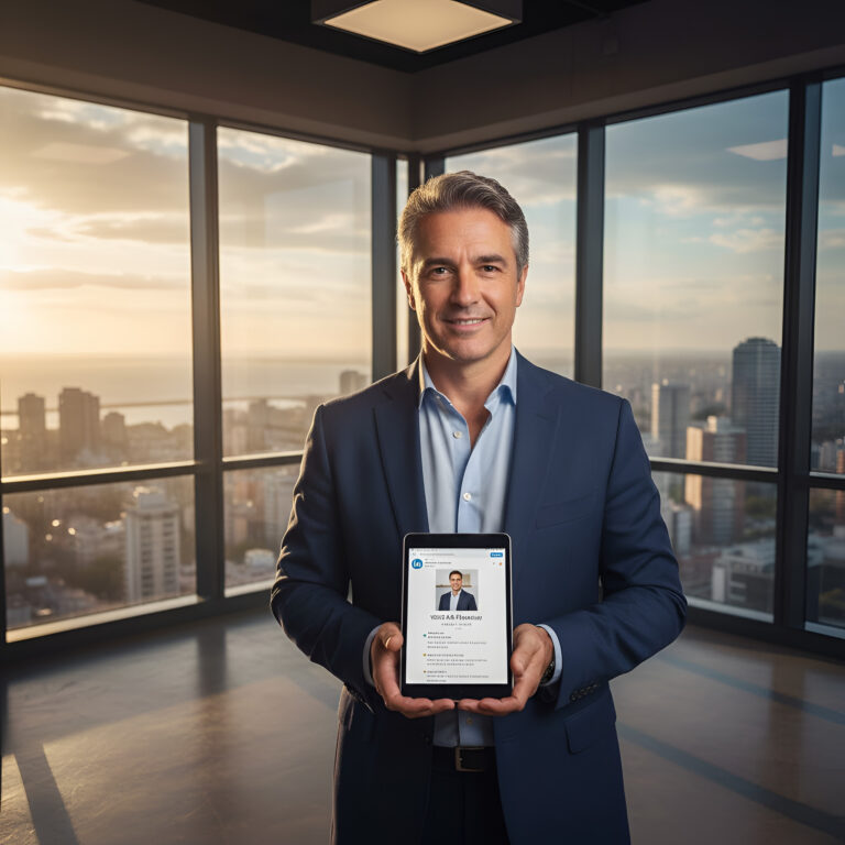 Retrato corporativo de ejecutivo senior en oficina moderna de Montevideo Uruguay - Ligeia Producciones