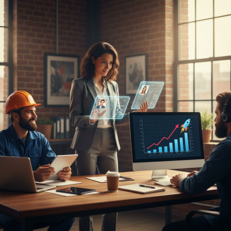 Representación cinematográfica de trabajadores de los sectores construcción, administración y tecnología en Uruguay bajo una luz cálida y profesional.