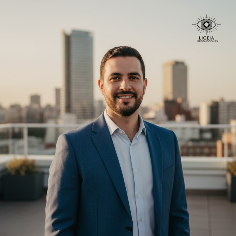 Retrato corporativo profesional con vista al World Trade Center Montevideo para guía de salarios Uruguay 2026.