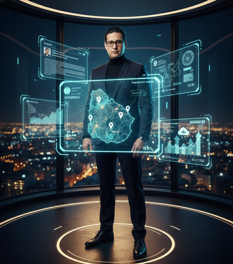 Christian Pais, estratega en gestión de crisis y blindaje reputacional 360 en Uruguay, rodeado de interfaces de Geo-Inteligencia y Wikipedia.